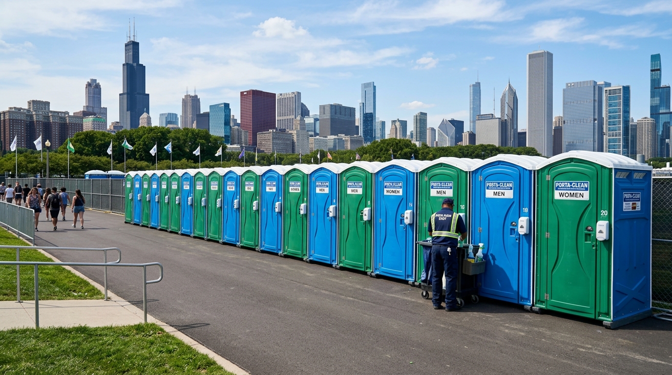 Clean and modern portable toilet units aligned for delivery in Chicago