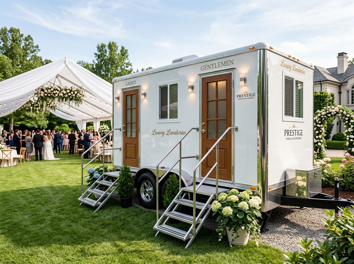 Premium multi-stall mobile luxury restroom trailer for weddings and corporate events